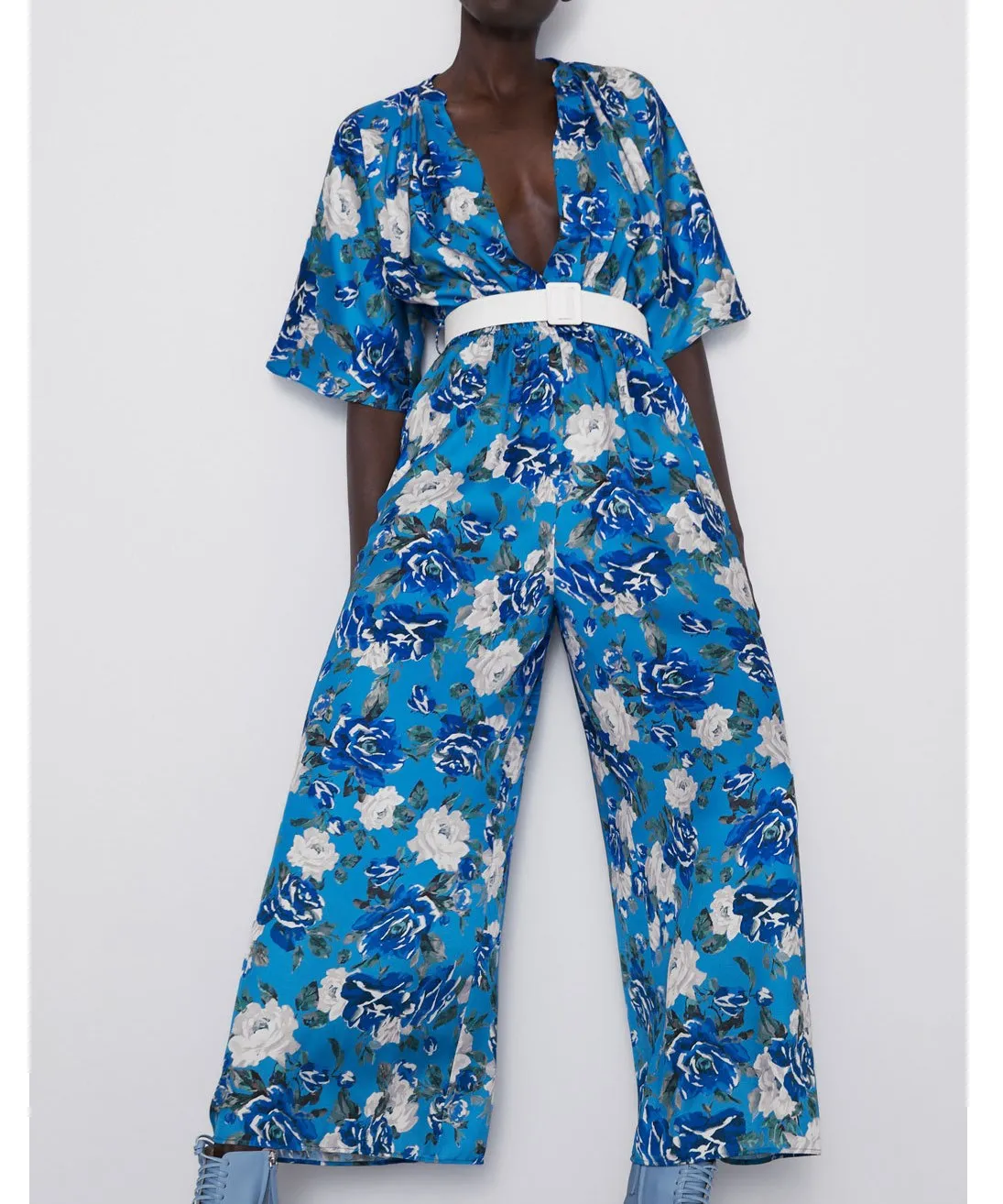 

Fashion 2019 Womens Print Long Sashes Jumpsuits Short Sleeve Loose Wide Leg Jumpsuits Blue Casual Rompers