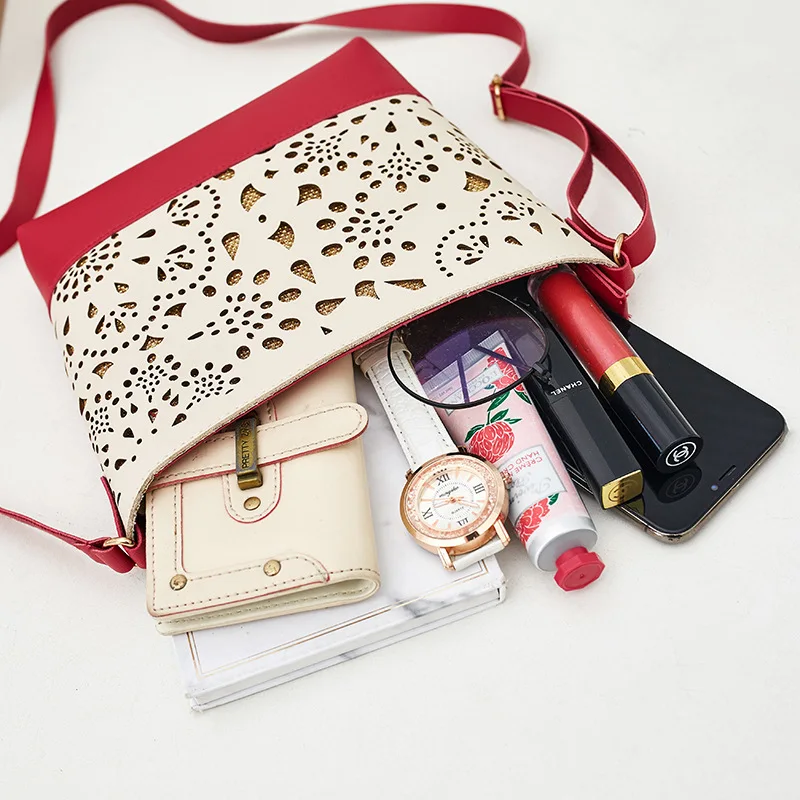 

Bag Women's New Style Hollow out Contrast Color Bucket Bag Korean-style Fashion Shoulder Oblique Phone Coin Purse