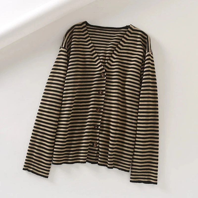 Striped Cardigan Women V Neck Button Up 