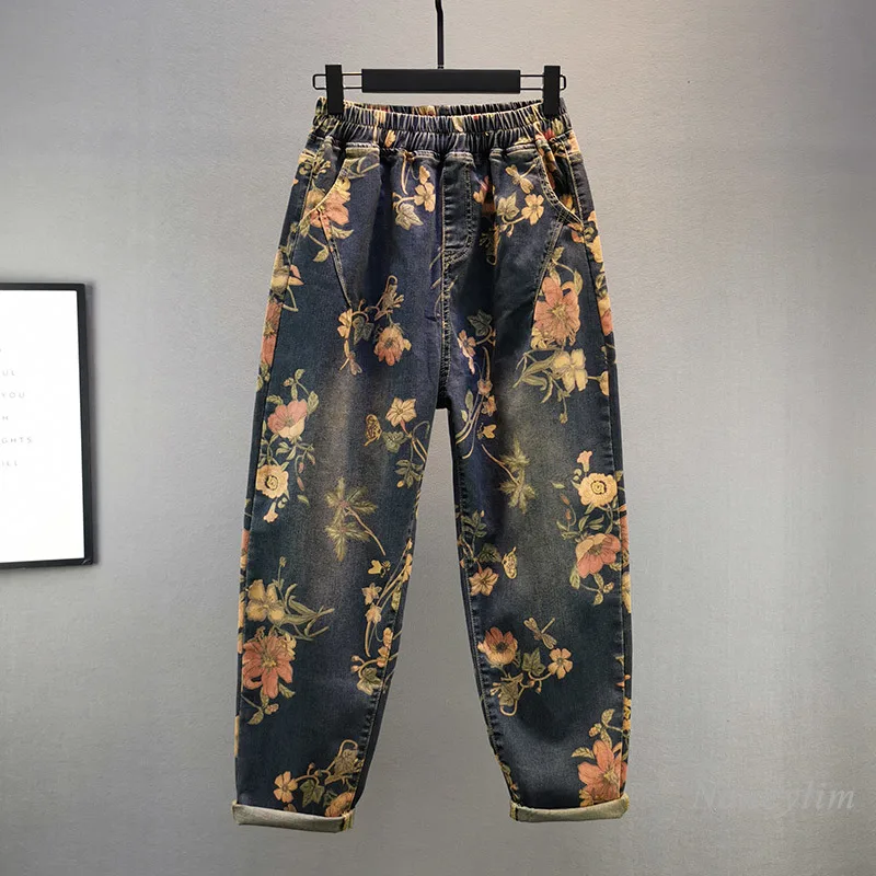 

Plus Size Jeans Women 2020 Autumn New Large Size Loose High Waist Floral Printed Denim Jean Pants Female Casual Flower Jeans