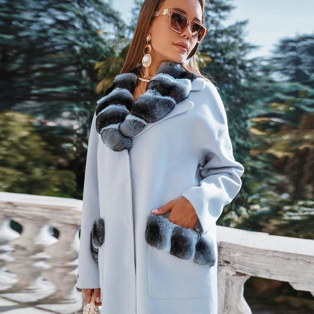 Fashion Long Wool Blends Coat with Rex Rabbit Fur Turn-down Collar Natural Women Genuine Rex Rabbit Fur Overcoats Luxury Female