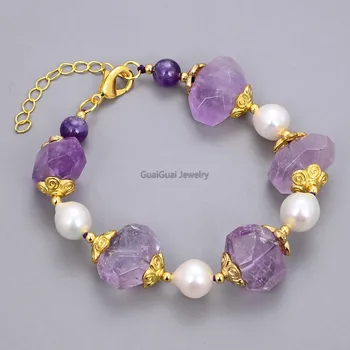 

GG Jewelry 8'' Cultured White Keshi Pearl Purple Amethyst Quartz Bracelet