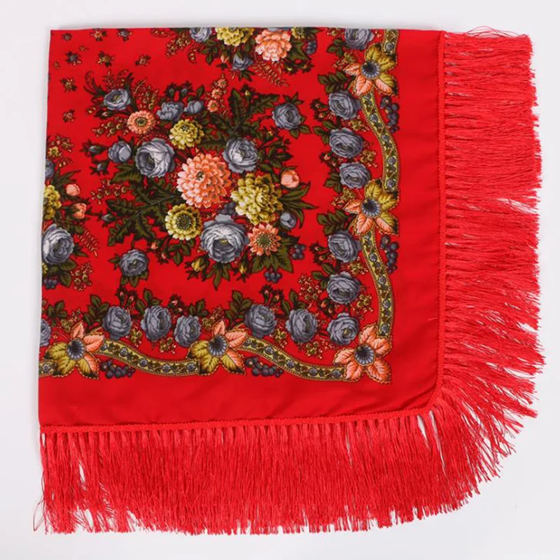 

New Fashion Women Printed Square Shawl Russian Women Wedding Scarf Retro Style Lady Tassel Ethnic Paisley Cotton Scarf 125*125