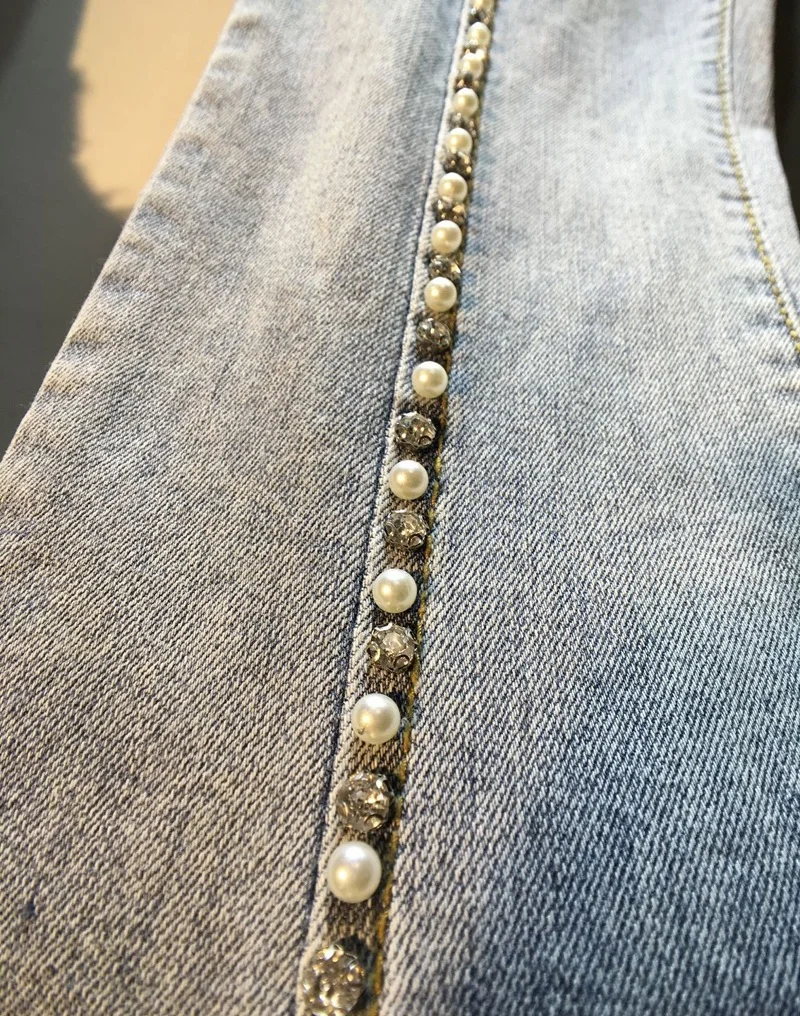 Осень новые тяжелые просверленные бусинки бисера высокой талией тонкие девять минут микро-Ram джинсы уличные джинсовые брюки женские джинсы