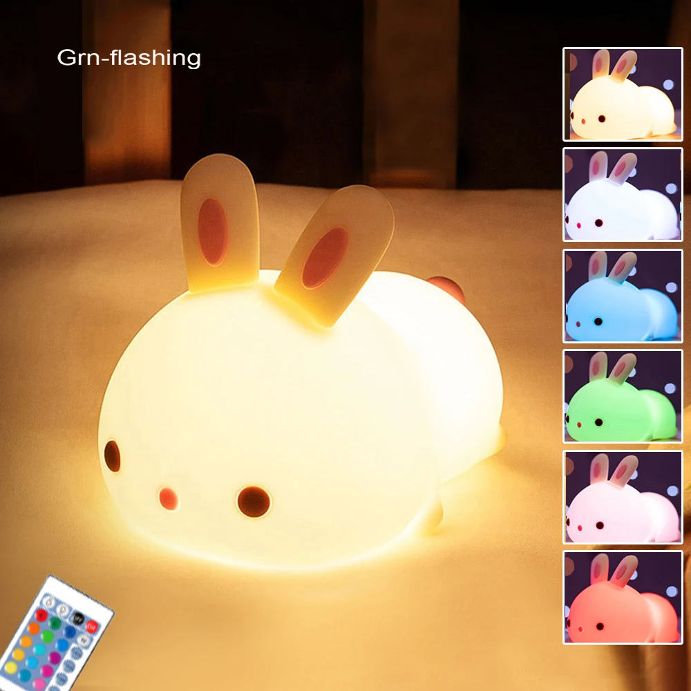 

USB RechargeableTouch Sensor Rabbit LED Night Light RGB Colorful Remote Control Baby Cartoon Night Lamp Silicone for Kids Gifts