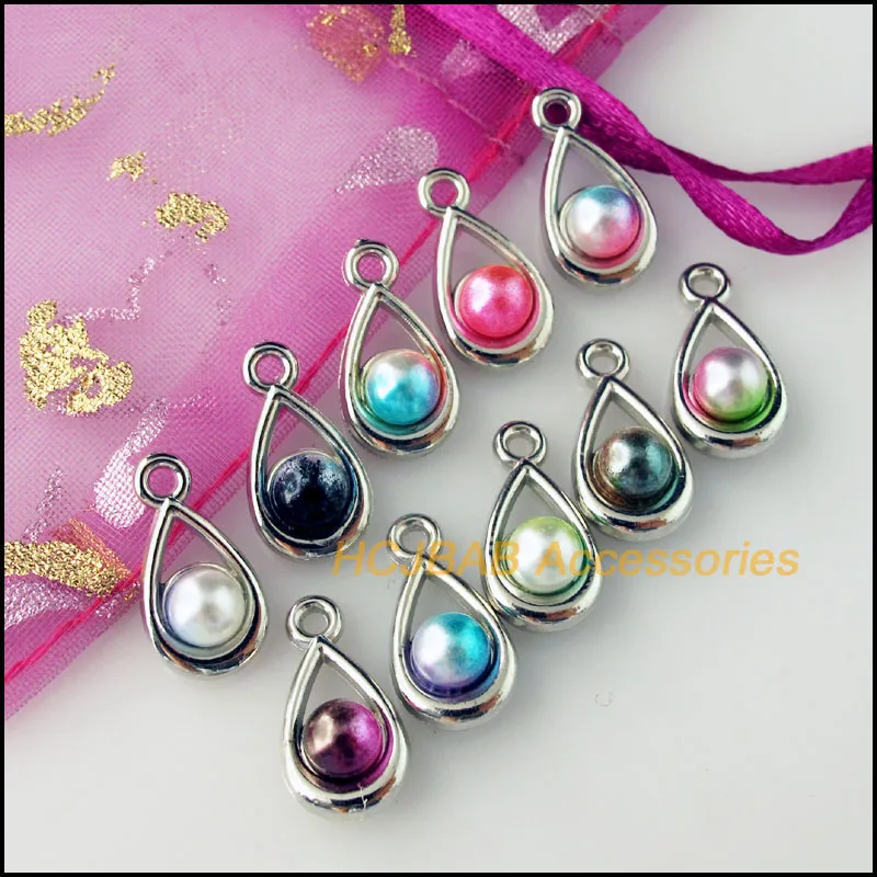 

30Pcs Dull Silver Plated Teardrop Colored Acrylic Charms Pendants 9.5x17.5mm