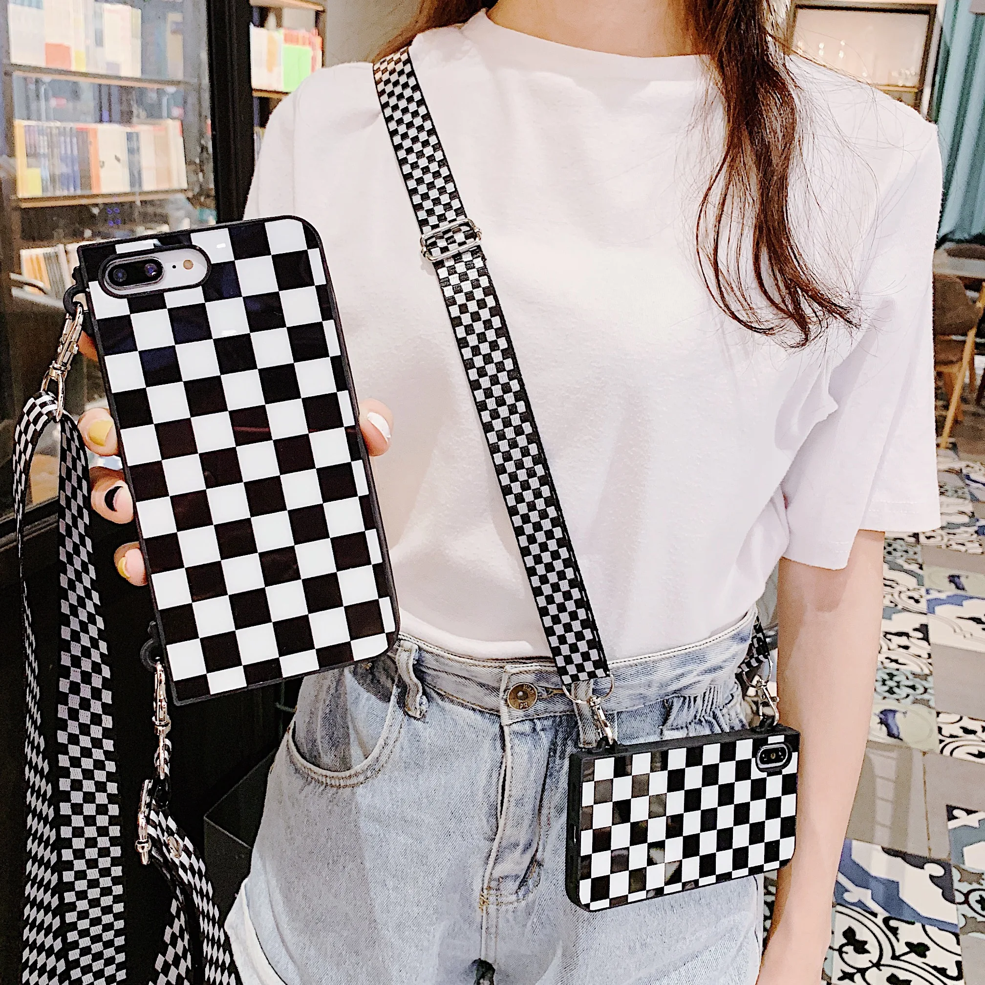 

Fashion Black White Checkered Plaid Crossbody Phone Case for iPhone XS MAX XR X 6S 6 7 8 plus handbag back cover with long stra