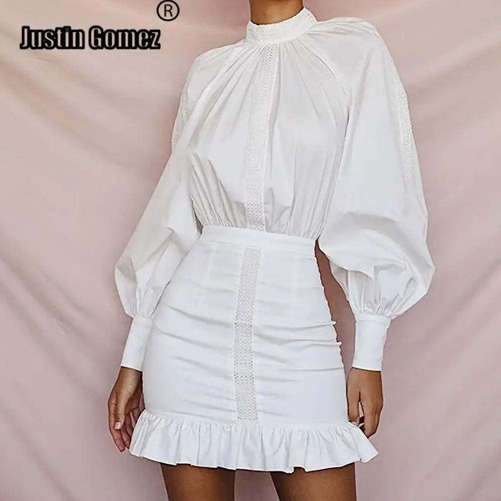 

New High Quality Premium Summer Puff Sleeve Mini Dress Long Sleeve White Cotton Dress Ladies Vacation Modern Women Short Dress