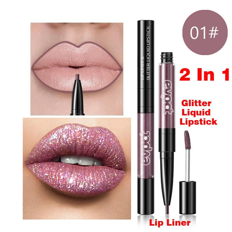 2 In 1 Lip gloss + Liner Glitter Waterproof  Double-end