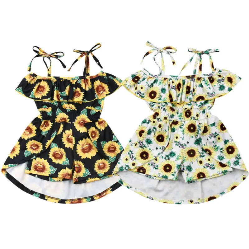 

Summer Kids Baby Girl Clothes Sunflower Dress Shoulderless Strap Ruffler Romper Dress Slash Neck Sling Girls Sundress 0-5Y