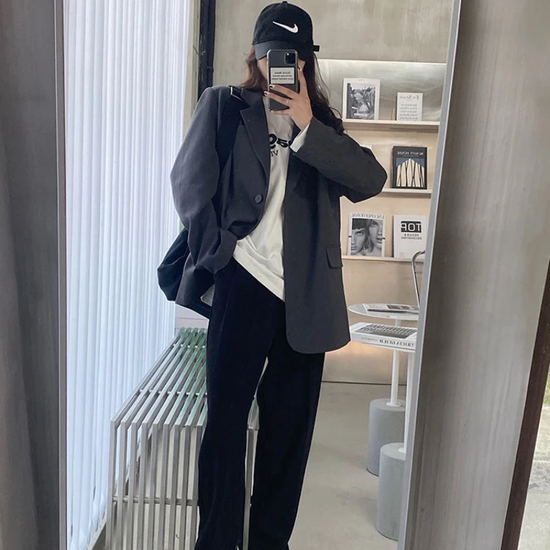 Blazers Women Loose Single-button Outwear Gray Simple Pure Female Office Lady Streetwear Soft All-match Notched Tender Ins Y2K