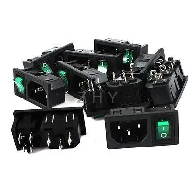 

10 Pcs 3 Pin Green Light Panel Rocker Switch IEC320 C14 Power Socket AC 10A 250V