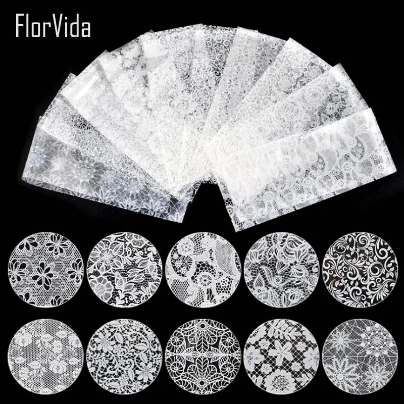 

10pcs/set Beautiful Lace Nail Foil Non-sticky Nail Decoration White Black Lace Series Foil for Nails