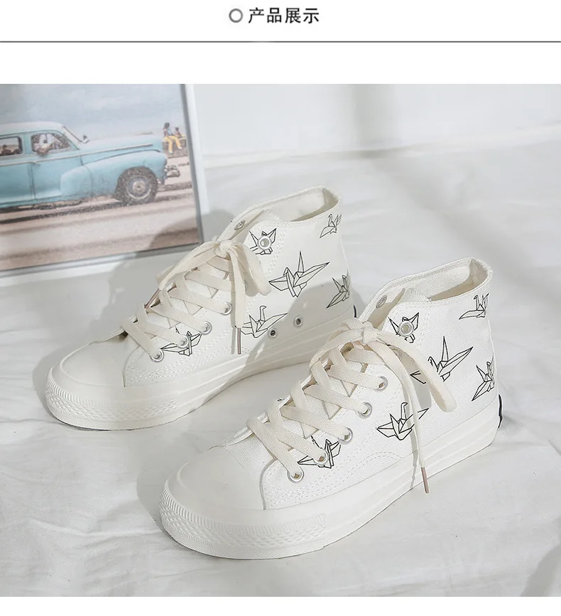 High Quality Women Color-changing Paper Crane High Top Canvas Shoes Platform Lace up Vulcanized Shoes Female Casual Sneakers