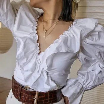 

2019 Autumn New Deep V-Neck White Shirt Solid Women Ruffled Flare Sleeve Blouse Crop Top