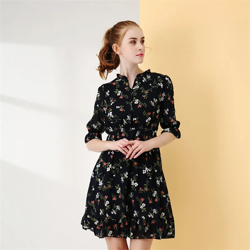 

Ymwmhu Fashion Brand Black Vintage Women's Dress Half Sleeve V Neck Summer Dresses Party Casual Girl Thin Sundress Floral