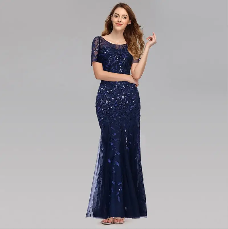 Navy Blue Элегантные платья размера плюс в Саудовской Аравии, длинное платье русалки с блестками и кружевной аппликацией, вечерние платья - Цвет: Navy Blue