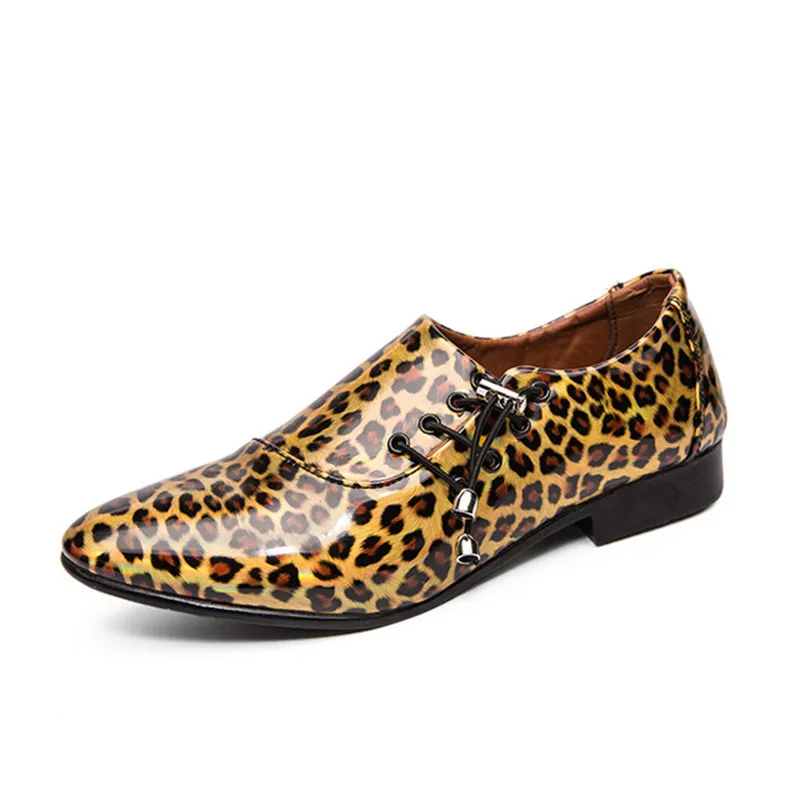 Мужская повседневная обувь на плоской подошве; Новинка года; дышащая обувь; Мужская обувь; лоферы в британском стиле; Модные леопардовые туфли на шнуровке - Цвет: Leopard gold
