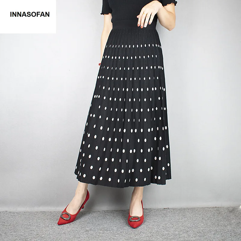INNASOFAN, теплая вязаная женская юбка, Осень-зима, плиссированная длинная юбка, высокая талия, модная, высокая, шикарная юбка в горошек
