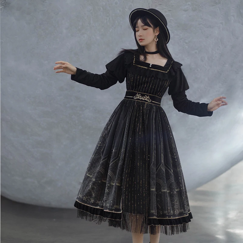 

Vintage autumn high waist printing victorian dress gothic palace sweet princess lolita dress kawaii girl gothic lolita cos loli