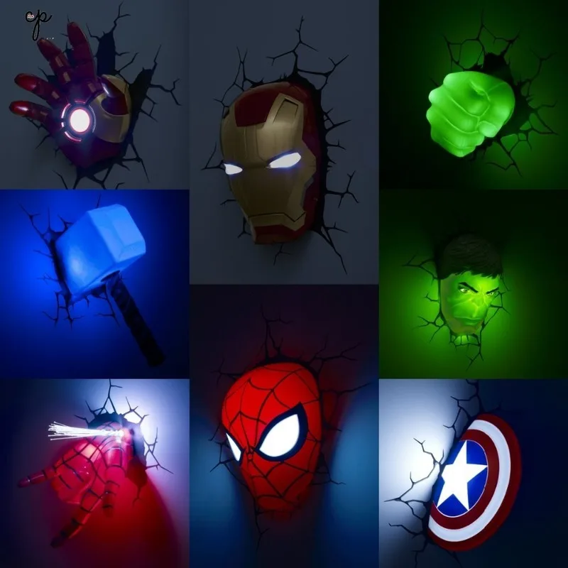 Мультяшная фигурка Marvel, настенный светильник, Рождественский подарок на день рождения, светильник, Железный человек, Человек-паук, Халк, Капитан Америка, герой, детский ночной Светильник