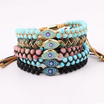 New Fashion Natural Stone Blue CZ Pave Eye Charm Beaded Braided Macrame Jewelry Bracelet Men Women