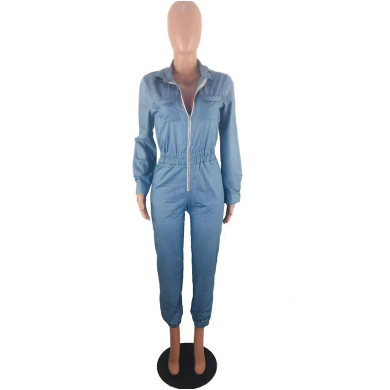 Denim Rompers Womens Zipper Fly Jumpsuit Autumn Winter One Piece Outfits Jeans Overalls Night Club Party Long Sleeve Jumpsuits