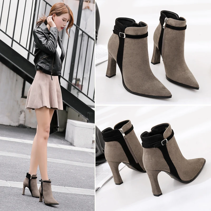 

women boot high heels ankle boots Pointed Ankle Pumps Fashion Boots Shoes Woman Zipper Ankle Boots Thin Heel Women Boots
