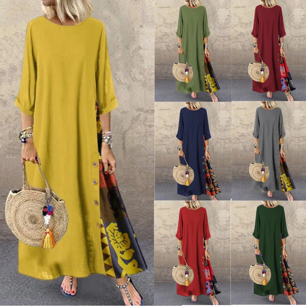 

Europe And America Autumn Vintage Floral Crew Neck Contrast Color Button Joint Three-quarter-length Sleeve Dress
