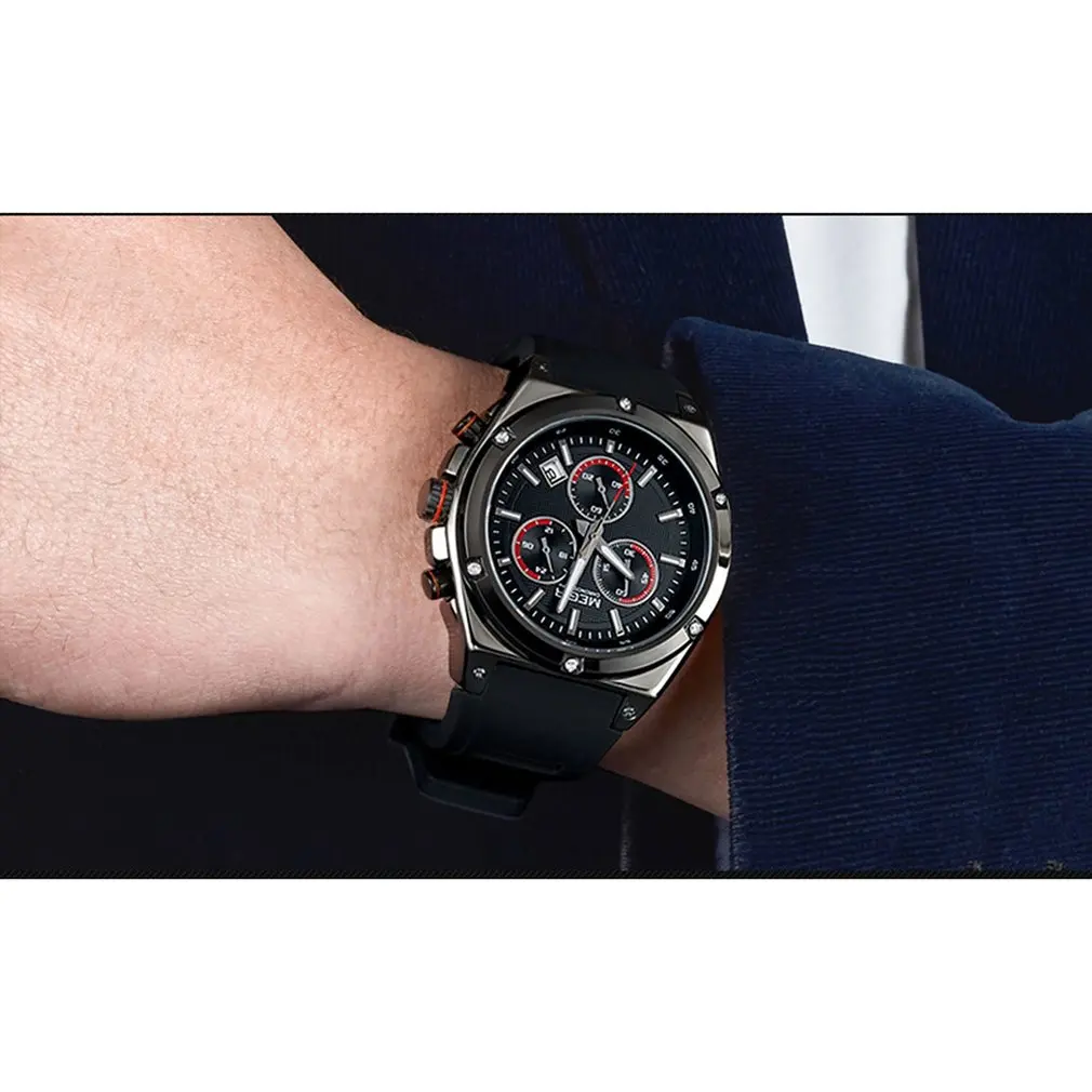 Men's Chronograph Analog Quartz Watch with Date, Luminous Hands, Waterproof Silicone Rubber Strap Wristswatch for Man