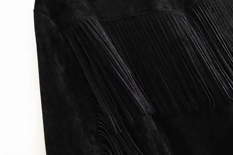 Черная Женская кисточка куртка из искусственной кожи с бахромой с поясом с длинным рукавом женская пальто свободная Мода YNZZU 9O034