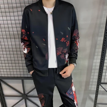 

Jacket Men's Korean Style Fashion Printed Set Men Casual Cardigan Two-piece Moda Hombre 2020 Sweat Suit Autumn Tracksuit For Men