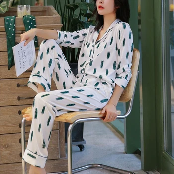 

Two-piece pajamas spring summer sweet cute pajamas lapel casual home clothes sexy temperament printer pajama party кигуруми
