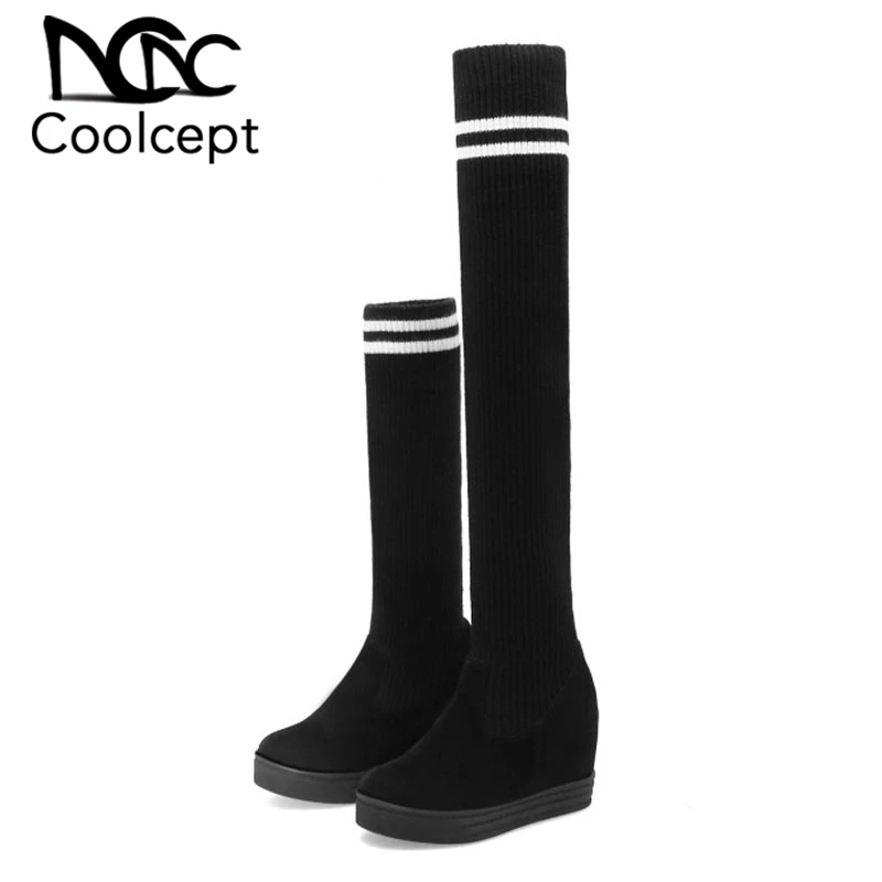 

Coolcept Stretch Flying Weaving Over Knee Boots Women Round Toe Slip On Flats Shoes Winter Warm Women Long Boots Size 34-44