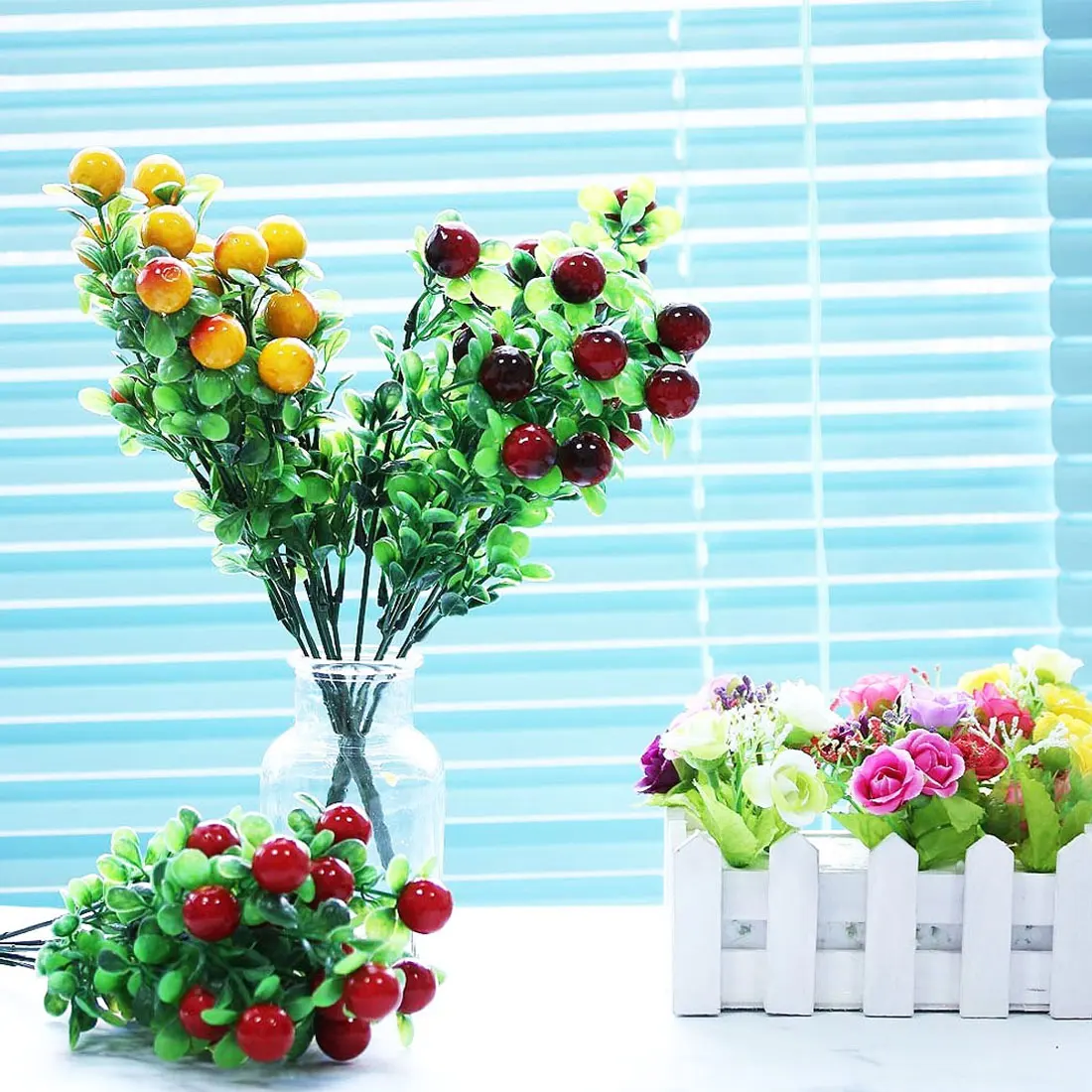 

Red 5 branches artificial Eucalyptus Rich fruit bouquet Fake Fruit Simulation Red Stamen Wedding Christmas Home Party Decoration