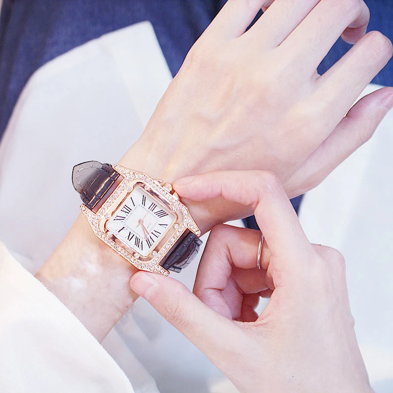 Лидер продаж, женские часы с квадратным бриллиантовым браслетом, Женские кварцевые наручные часы с кожаным ремешком, женские часы Zegarek Damski - Цвет: Black