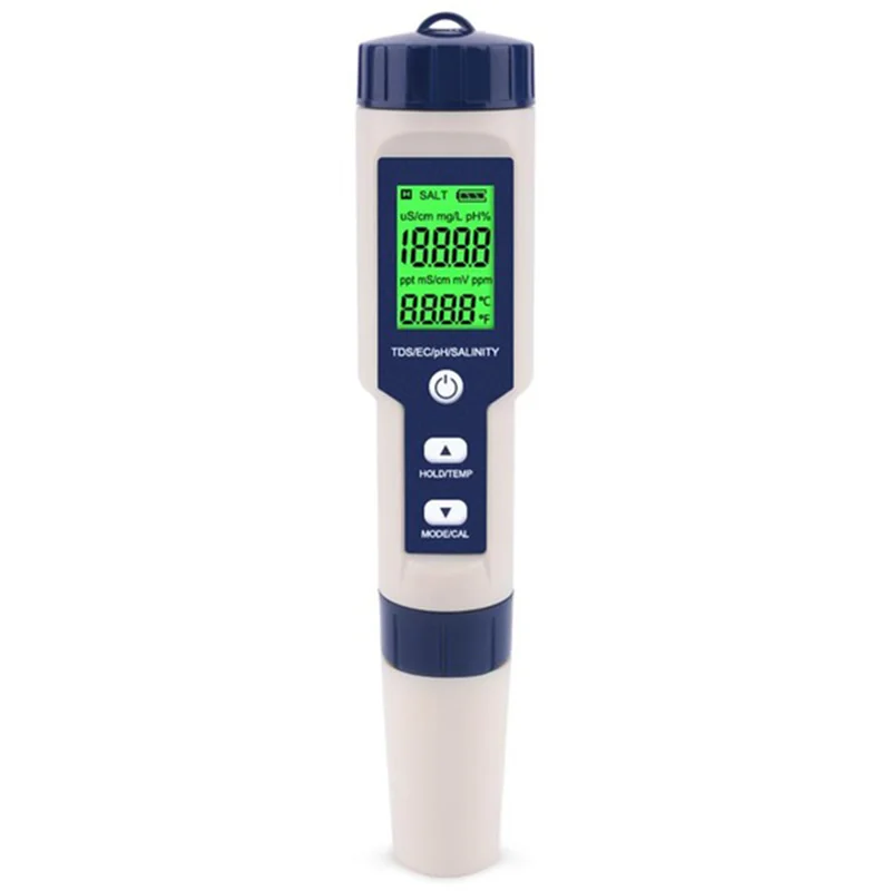 

5 in 1 TDS/EC/PH/Salinity/Temperature Meter Digital Water Quality Monitor Tester for Pools, Drinking Water, Aquariums with Backl
