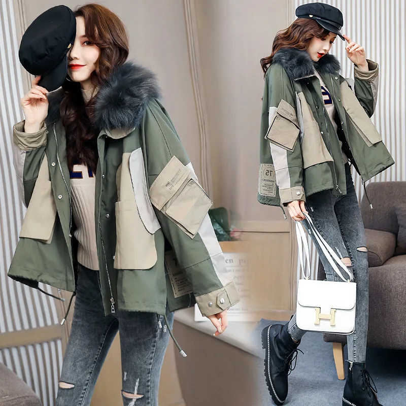 

2019 Winter Large Fur Collar Cotton-padded Clothes Women's Dress Loose-Fit Harajuku Loose-Fit Hooded Cotton-padded Jacket Studen