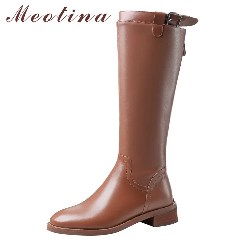 

Meotina Autumn Riding Boots Women Natural Genuine Leather Square Heel Knee High Boots Buckle Zipper Shoes Female Winter Size 39