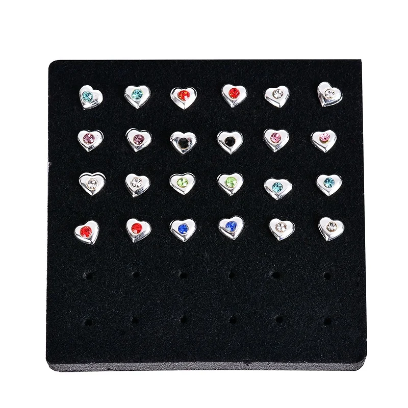 24PCS/Box Heart Shape Fashion Body Jewelry Nose Studs Nose Piercing Colorful Crystal Nose Rings For Women Ear Piercing Gifts