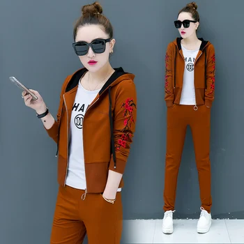 

Casual Autumn New Three Piece Set Women Clothing Fashion Hooded Zipper Jacket and Pants 3 Piece Set Red Brown Black