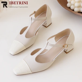 

RIBETRINI Summer Concise Genuine Leather Shoes Women Elegant Office Pointed Toe t-strap Sandals Med Chunky Heels Sandals