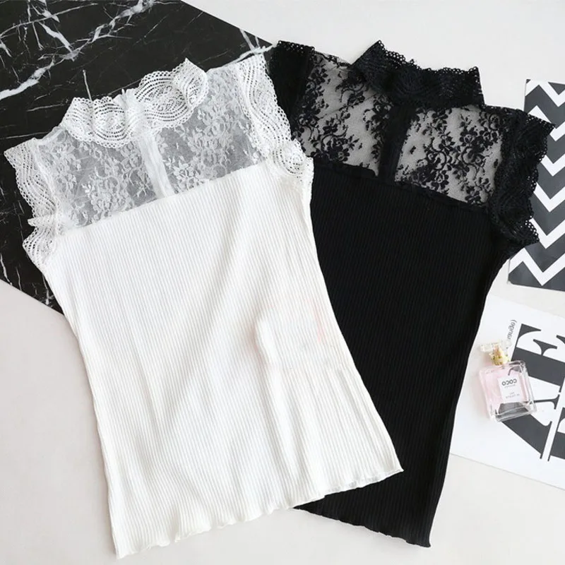 

Fashion Streetwear Women Hollow Out Lace Tops Black and White Color Sleeveless Ice Silk Knitted Camisole Tops