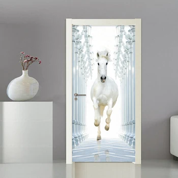 

2 Pieces/set Self-Adhesive Door Sticker 3D White Horse Wallpaper Living Room Bedroom Home Decor Wall Door Decals Pvc 3D Stickers