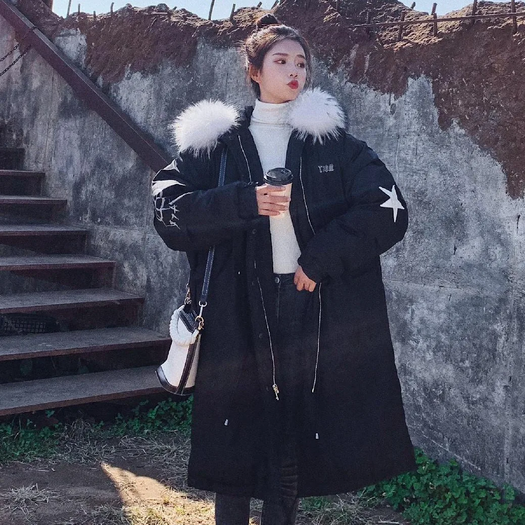 

2019 Chic Printed Black Hooded Large Fur Collar Pumping Waist Hugging Couples Cotton-padded Clothes Long Korean-style Cotton Coa