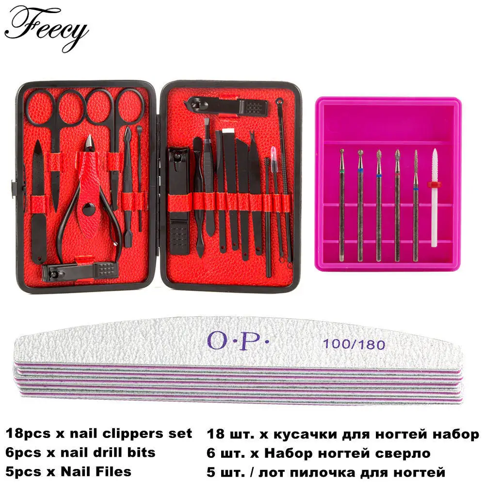 NC18 Red Set C Кусачки для ногтей из нержавеющей стали, ножницы для педикюра, пинцет, маникюрный набор, набор керамических фрез, 100/180 пилочка для ногтей, шлифовальный буфер - Цвет: NC18 Red Set C