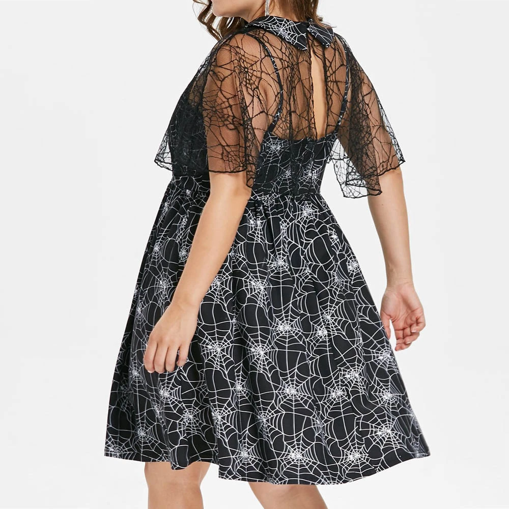Plus Size Halloween Dress Party Cobweb Print Yarn Sleeveless Dresses Female Suspender Autumn Dress Evening Winter Ladies 805