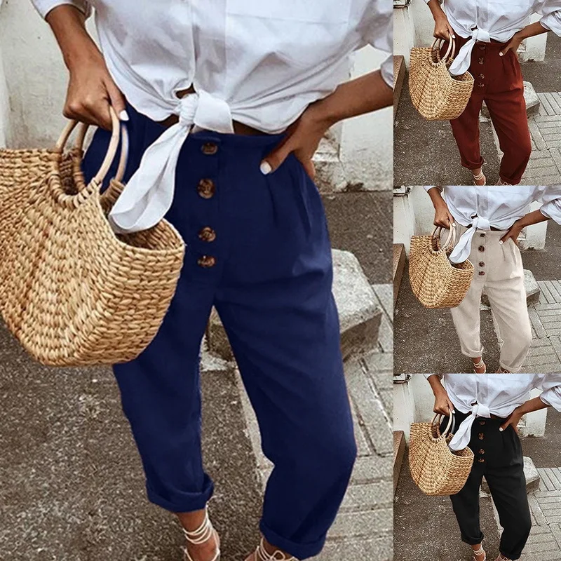 Women Pants High Waist Solid Ankle Length Trousers Female Sweatpant Fashion Vintage Button Stretch Pencil Pants Plus Size