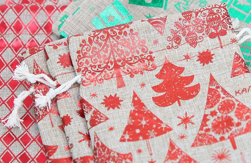 50 шт льняной мешочек на шнурке для украшений Рождественская елка горячая штамповка Конфеты Подарочная сумка Праздничная Вечеринка