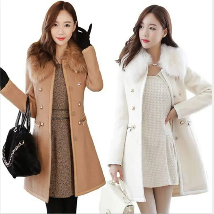 

Autumn Winter Women's Slim Wool Blends Coat Fur-collar Trench Cashmere Coat Abrigos Mujer Elegante Long Cape Alpaca Tweed Top